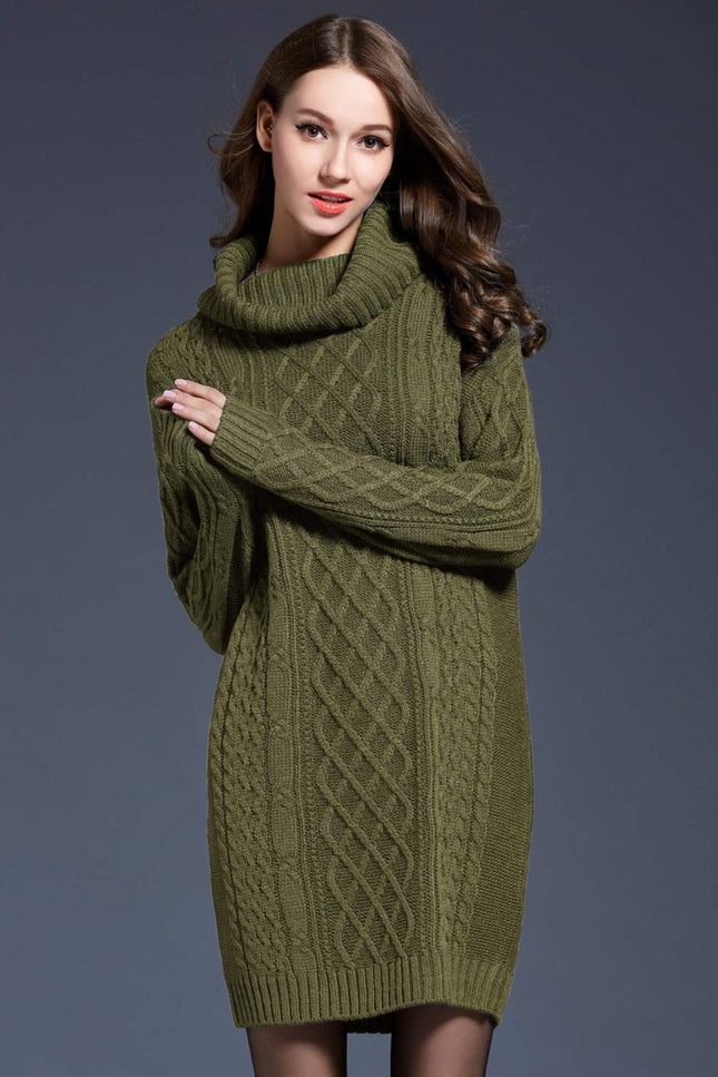 Full Size Mixed Knit Cowl Neck Dropped Shoulder Sweater Dress-Collab-Green-M-Urbanheer