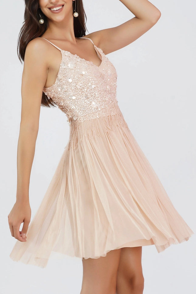 Riri Pink Tulle Beaded Mini Dress.