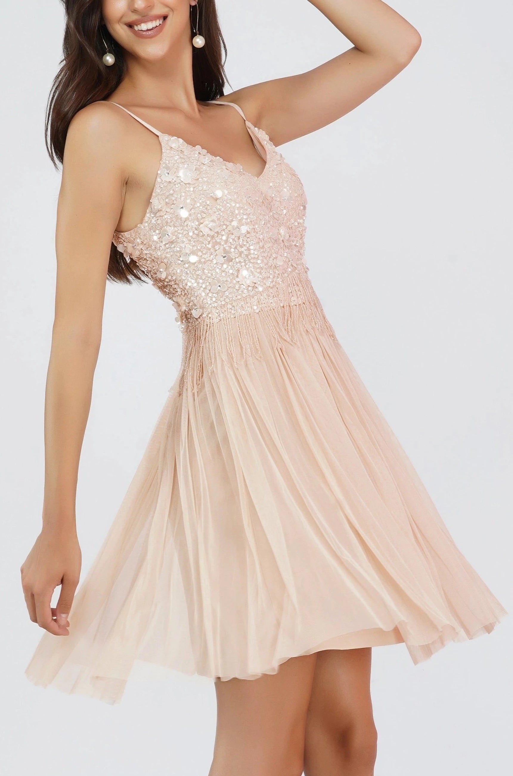 Riri Pink Tulle Beaded Mini Dress.-lace and beads-UK 6-Urbanheer