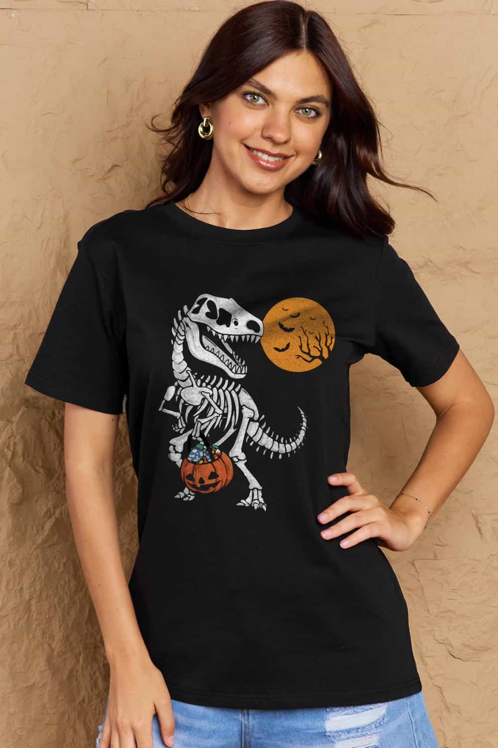Simply Love Full Size Dinosaur Skeleton Graphic Cotton T-Shirt-Street 360-Black-S-Urbanheer