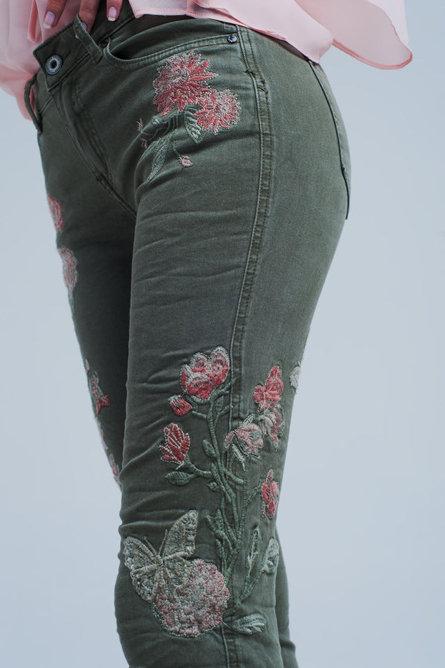 Khaki Jeans With Embroidered Flower