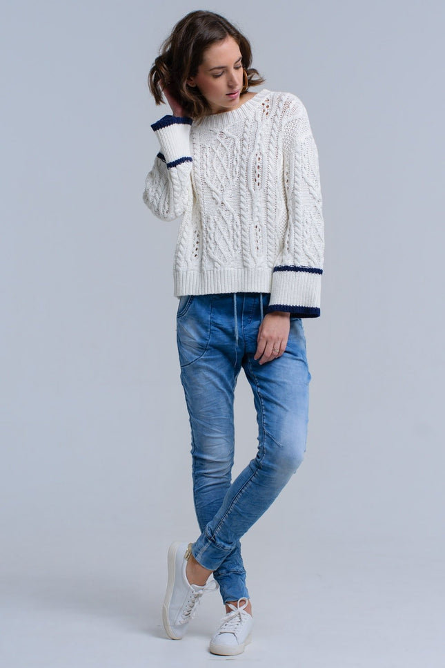 Cream Cable Sweater With Stripe Detail-Q2-Urbanheer