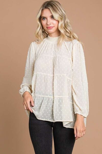Culture Code Full Size Swiss Dot Smocked Mock Neck Blouse-Street 360-IVORY CREAM-S-Urbanheer