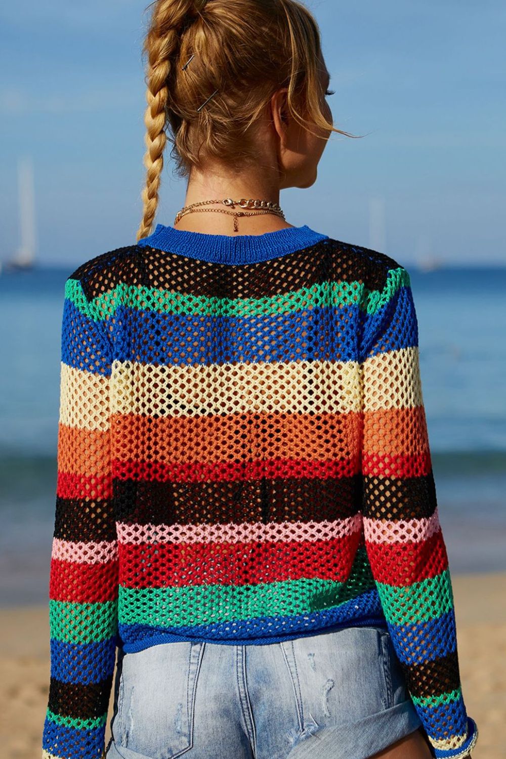 Rainbow Stripe Openwork Long Sleeve Cover-Up-Street 360-Roral Blue-S-Urbanheer