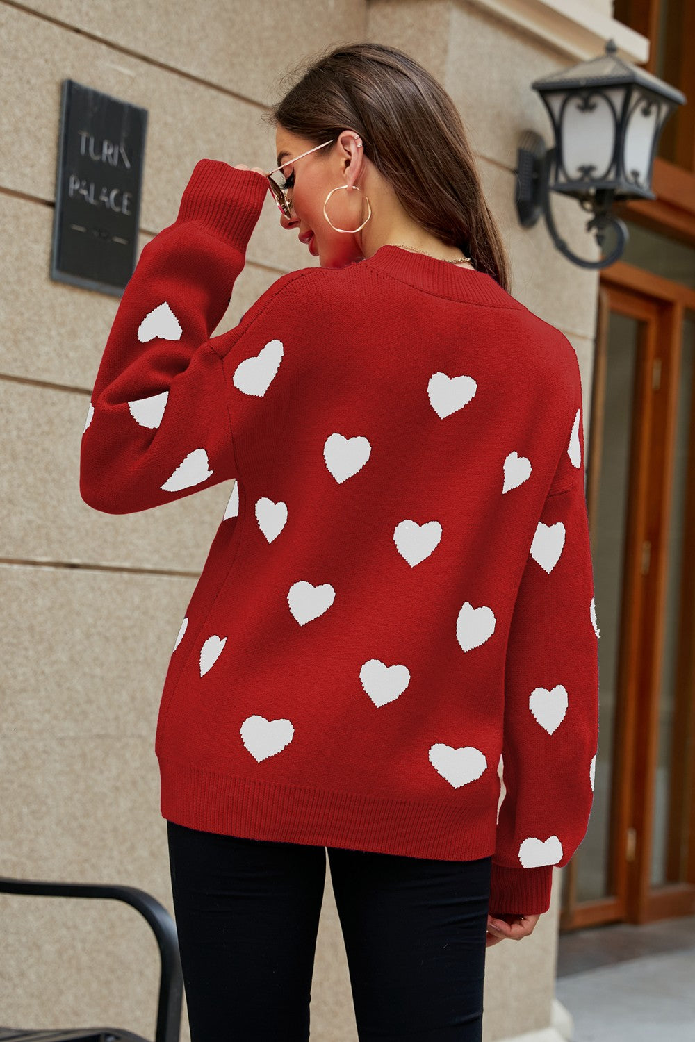 Heart Pattern Lantern Sleeve Round Neck Tunic Sweater-Collab-Rose-S-Urbanheer