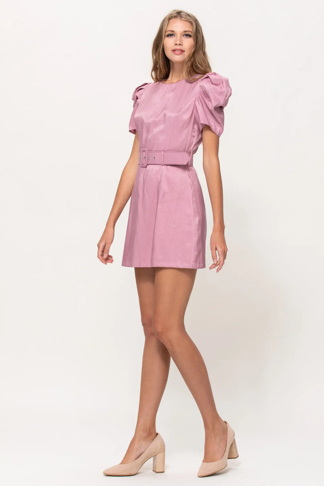 Bubble Sleeve Belted Mini Dress - Pink-Neon Blush-Urbanheer