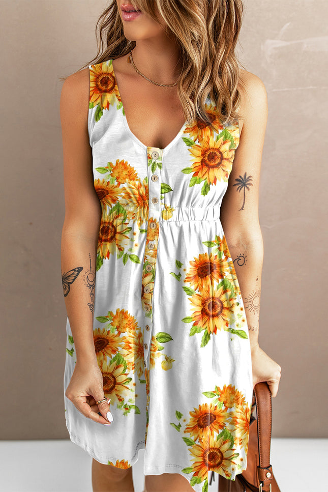 Sunflower Print Button Down Sleeveless Dress-UHX-Sunflower Fields-S-Urbanheer