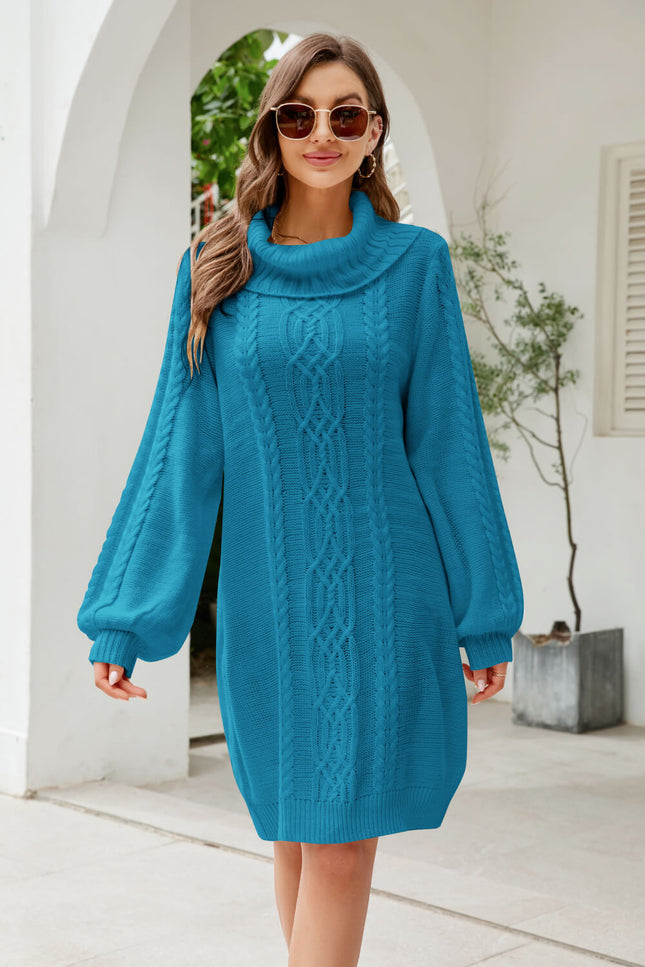 Mixed Knit Turtleneck Lantern Sleeve Sweater Dress-Collab-Teal-S-Urbanheer
