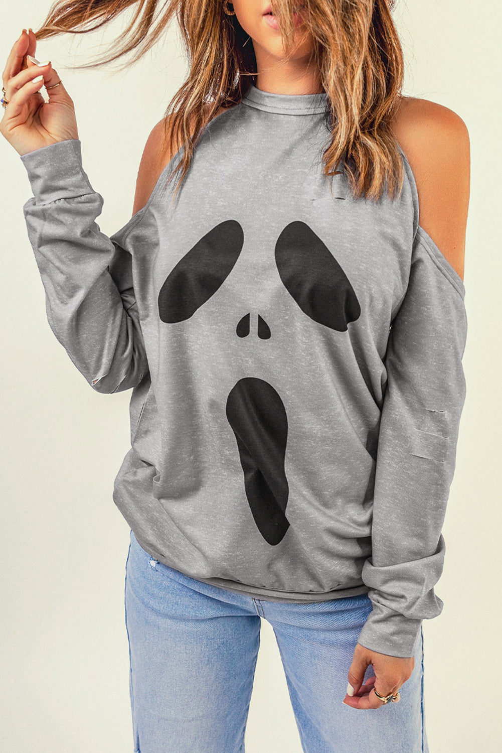 Gray Distressed Halloween Ghost Cold Shoulder Sweatshirt-UHXC-Gray-(US 4-6)S-Urbanheer