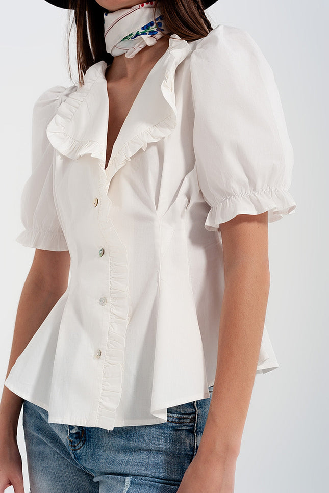 Poplin Frill Detail Wrap Blouse In Cream-Women's Fashion - Women's Clothing - Blouses & Shirts-Q2-Urbanheer