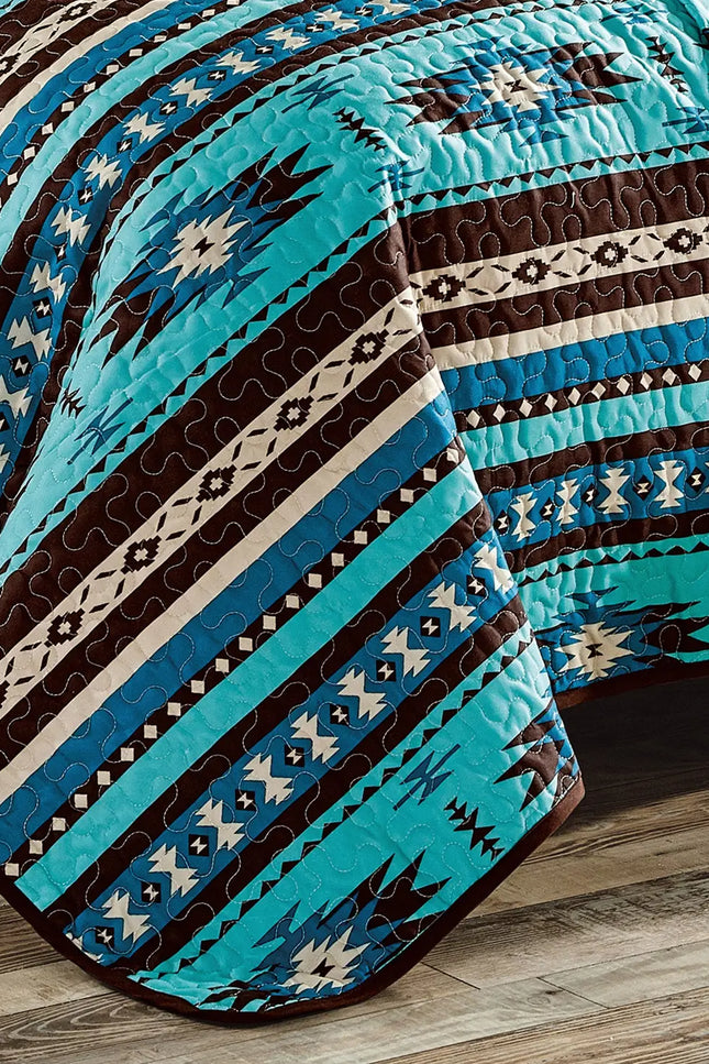 Southwestern Turquoise Tan Aztec Coverlet - 5 Piece Set-Linen Mart-Urbanheer