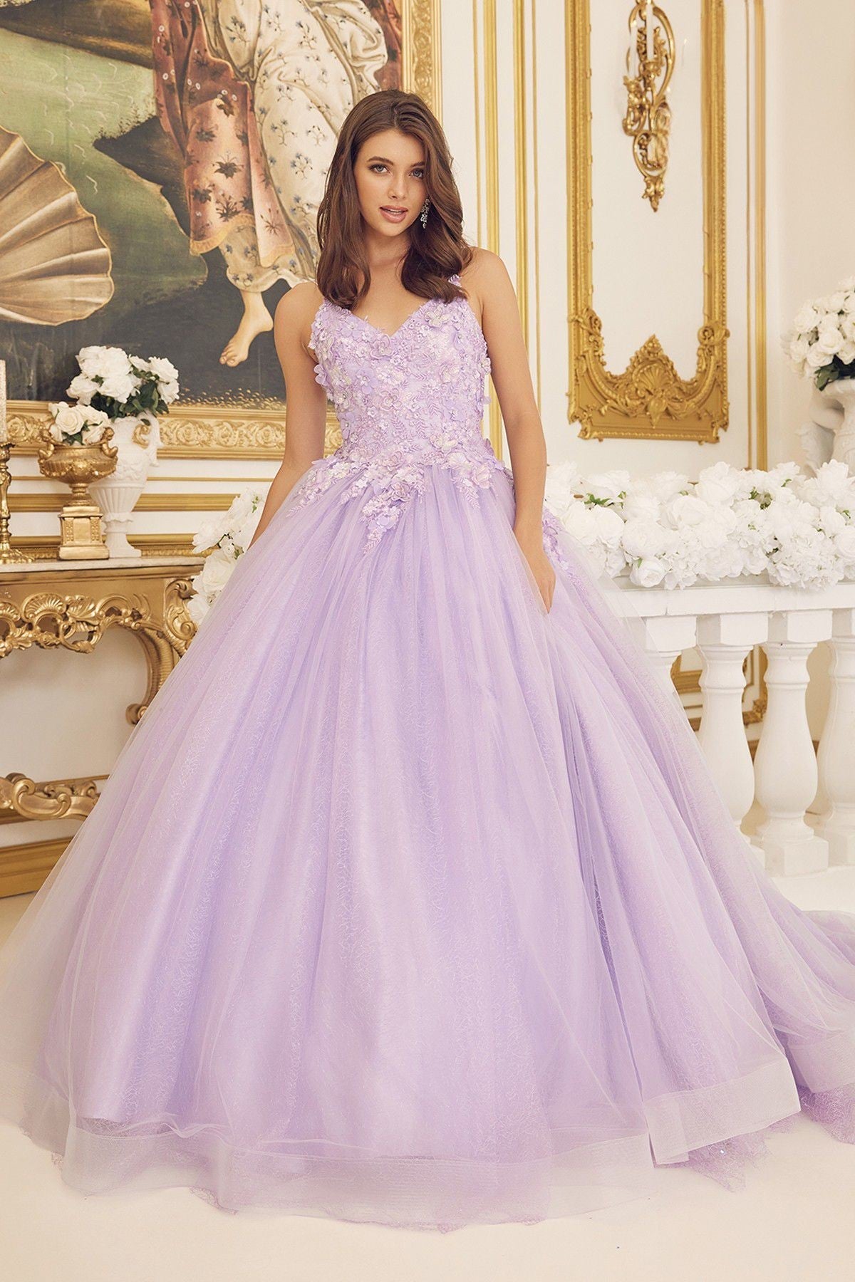 3D Floral Appliques V-Neck Corset Back Long Quinceanera Dress Nxcu1115-NXAB-0-LILAC-Urbanheer