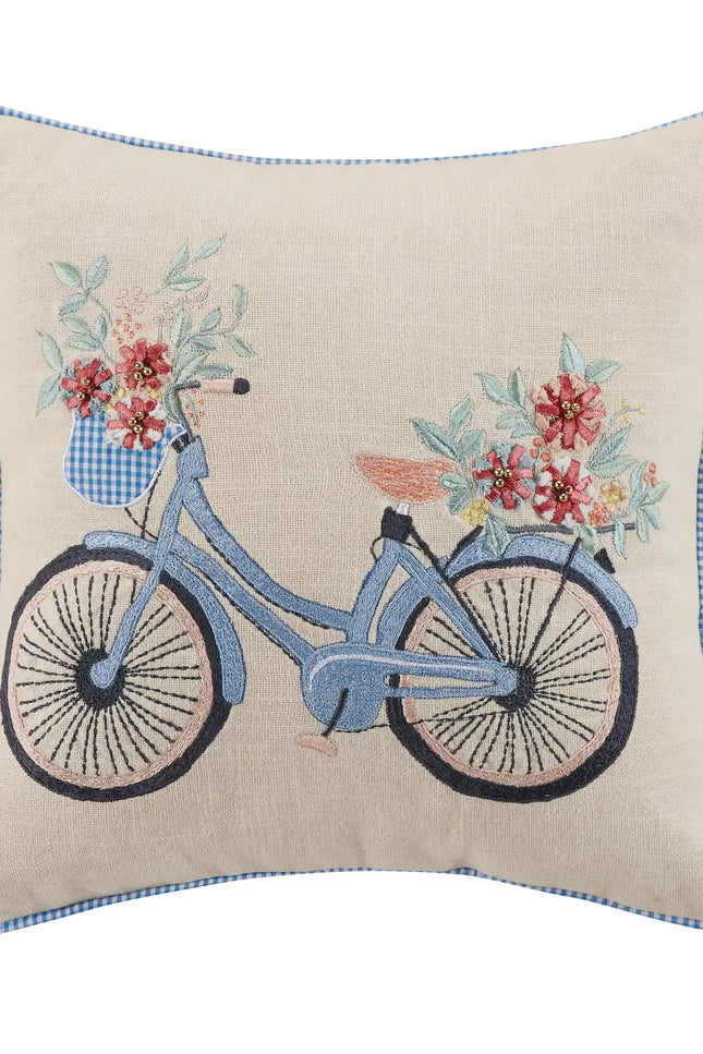 Gingham Bike Embroidered Pillow, Set Of Two.-peking handicraft-Urbanheer