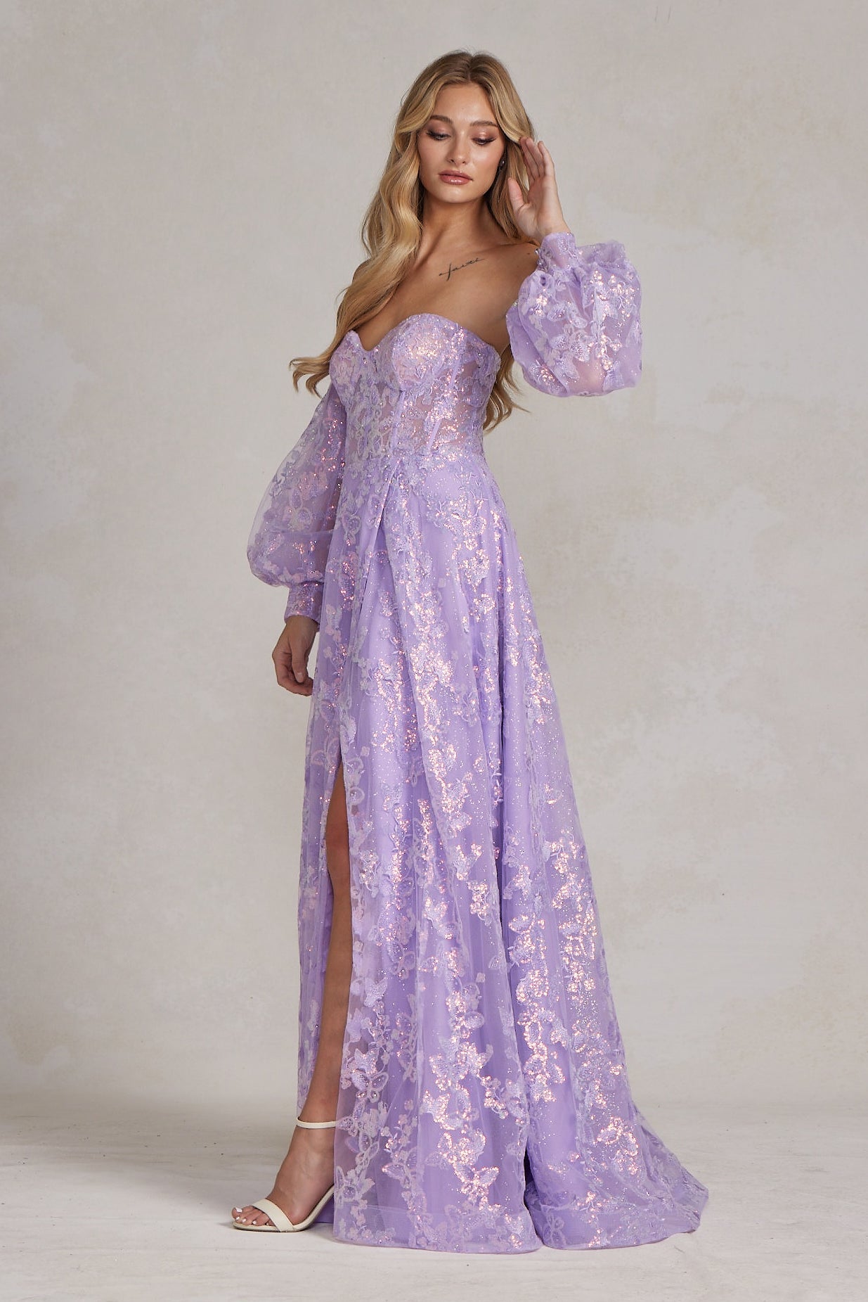 Off Shoulder Sweetheart Sheer Bodice Dress-NXAB-00-BLUE-Urbanheer