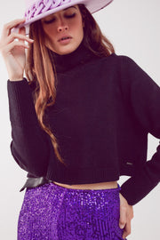 High Neck Cropped Jumper In Black-Q2-Large-Urbanheer