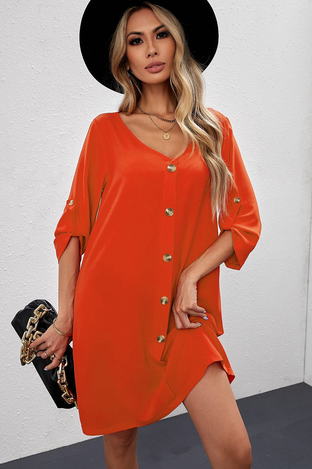 Buttoned V-Neck Dress-UHX-Red Orange-S-Urbanheer