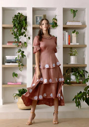 Words Bemberg Linen Embroidered Layered Dress Brown Women’S-Carolina Benoit-XS-Urbanheer