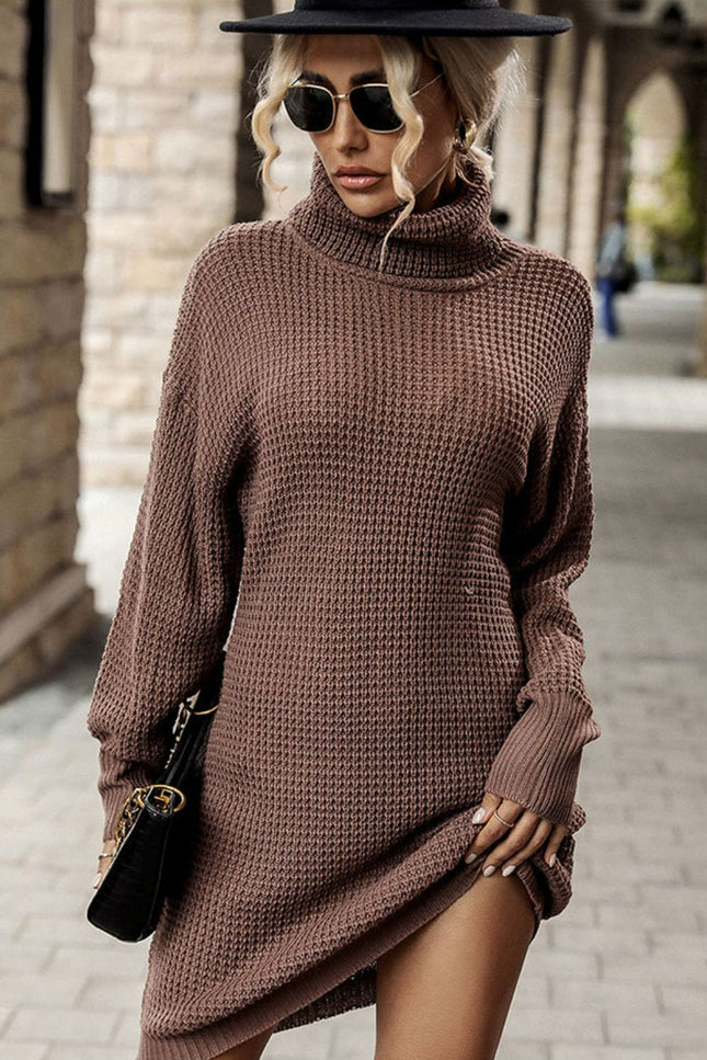 Turtleneck Dropped Shoulder Mini Sweater Dress-UHX-Coffee-S-Urbanheer