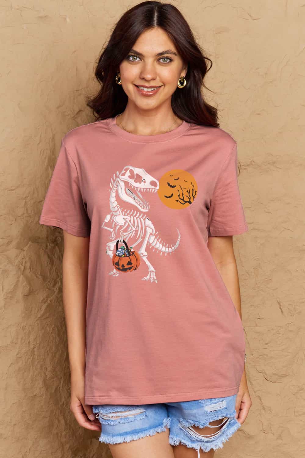 Simply Love Full Size Dinosaur Skeleton Graphic Cotton T-Shirt-Street 360-Dusty Pink-S-Urbanheer