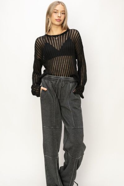 Hyfve Openwork Ribbed Long Sleeve Knit Top-HYFVE-Black-S-Urbanheer