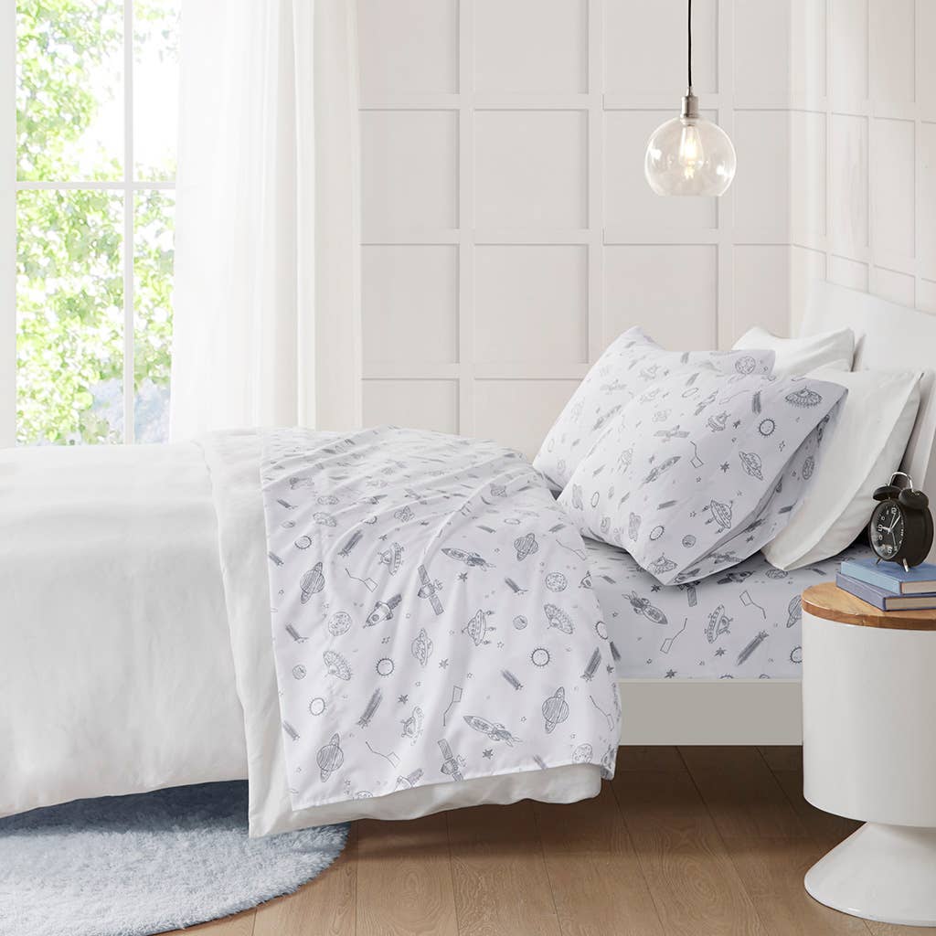 Printed Microfiber Kids Sheet Set, Grey Space Rocket-Olliix-Twin-Urbanheer