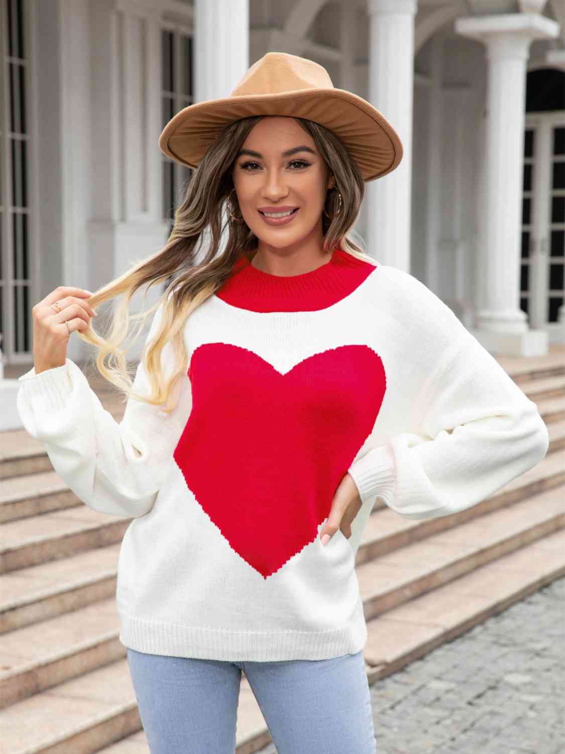 Heart Graphic Round Neck Sweater-Street 360-Deep Red-S-Urbanheer