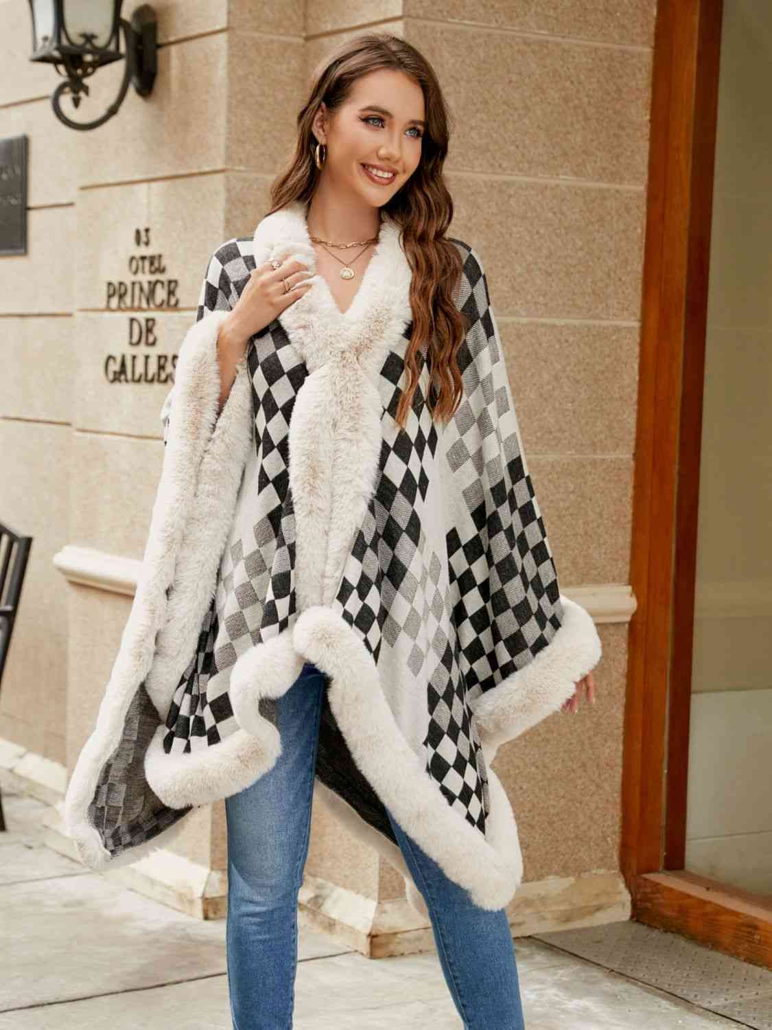 Checkered Faux Fur Trim Poncho-Street 360-Ivory-One Size-Urbanheer