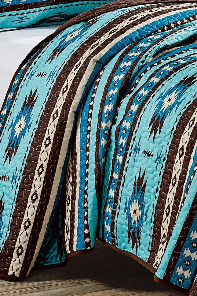 Southwestern Turquoise Tan Aztec Coverlet - 5 Piece Set-Linen Mart-Urbanheer