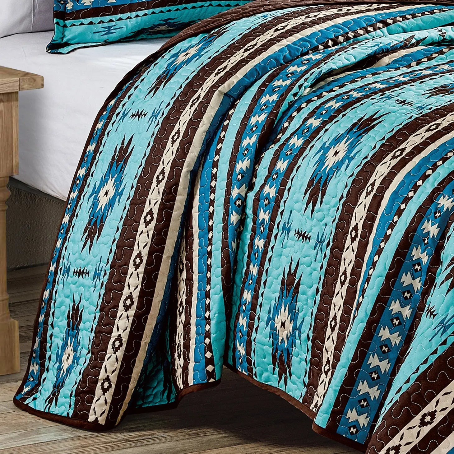 Southwestern Turquoise Tan Aztec Coverlet - 5 Piece Set-Linen Mart-Queen-Urbanheer