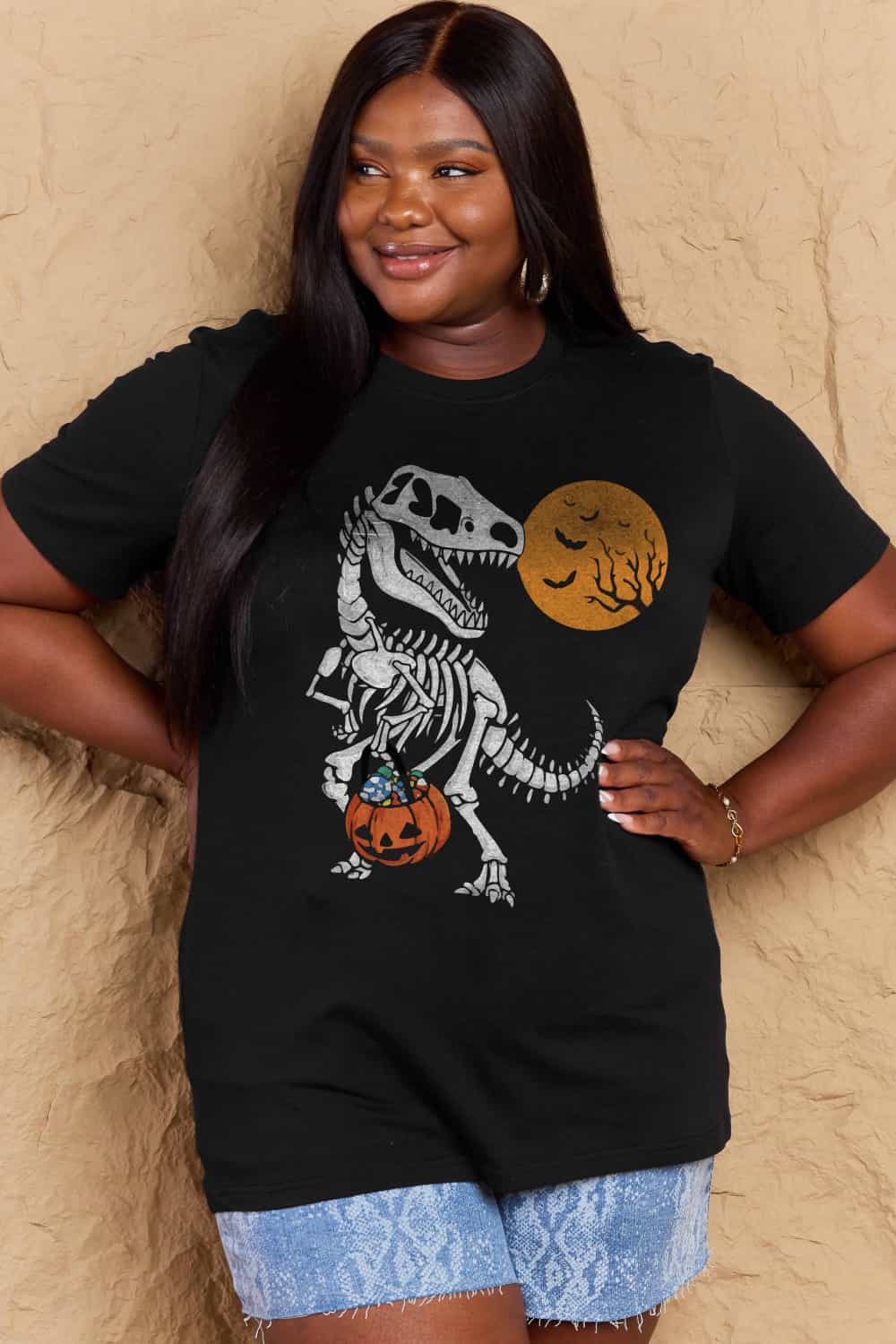 Simply Love Full Size Dinosaur Skeleton Graphic Cotton T-Shirt-Street 360-Black-S-Urbanheer