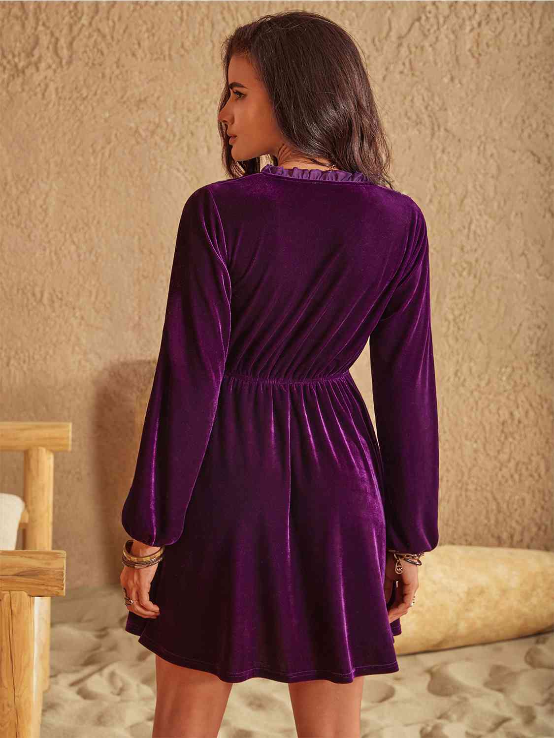 Ruffled V-Neck Long Sleeve Dress-Street 360-Plum-S-Urbanheer