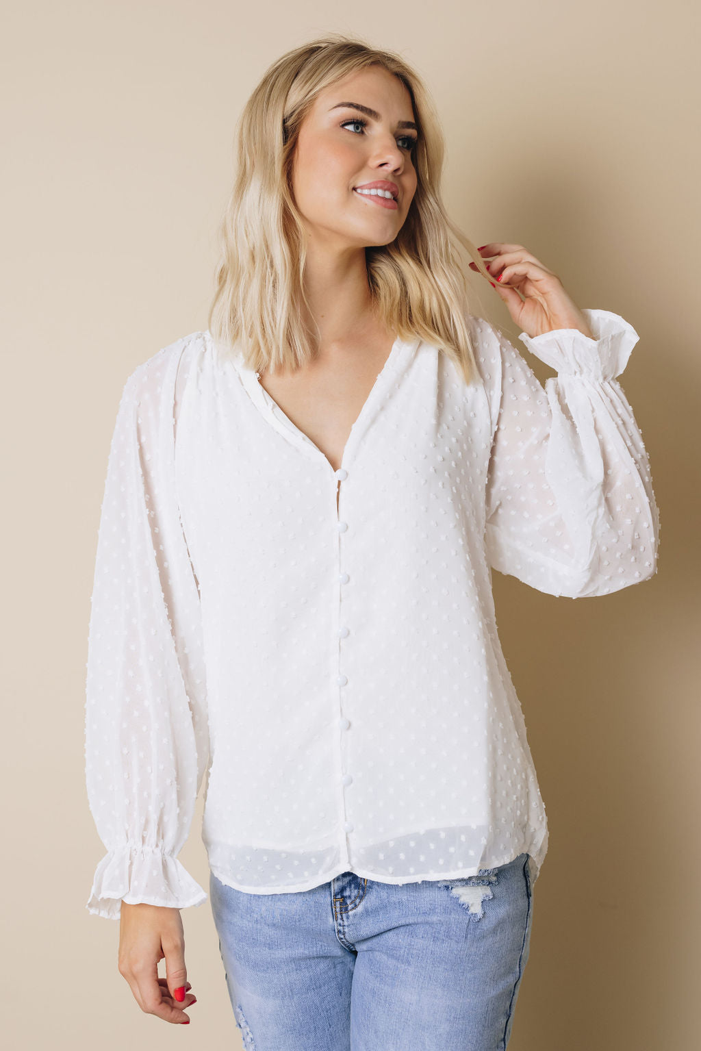 Tuesday Button Swiss Dot Shirt-UHXSW-WHITE-SMALL-Urbanheer