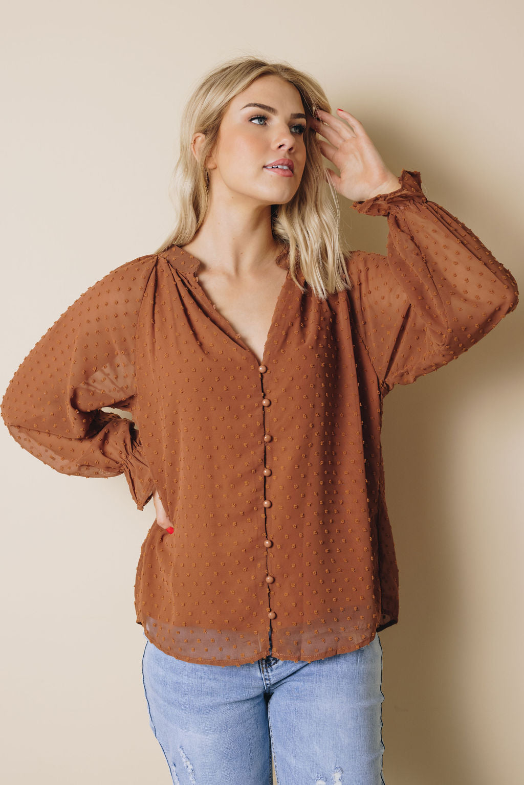 Tuesday Button Swiss Dot Shirt-UHXSW-BROWN-SMALL-Urbanheer