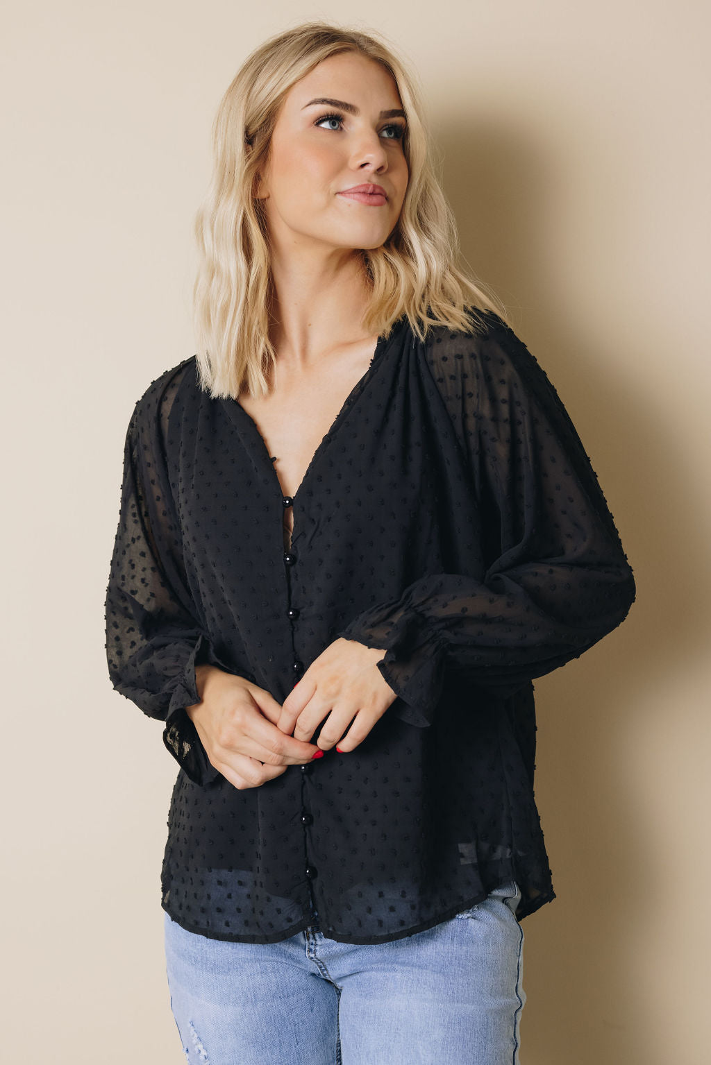 Tuesday Button Swiss Dot Shirt-UHXSW-BLACK-SMALL-Urbanheer