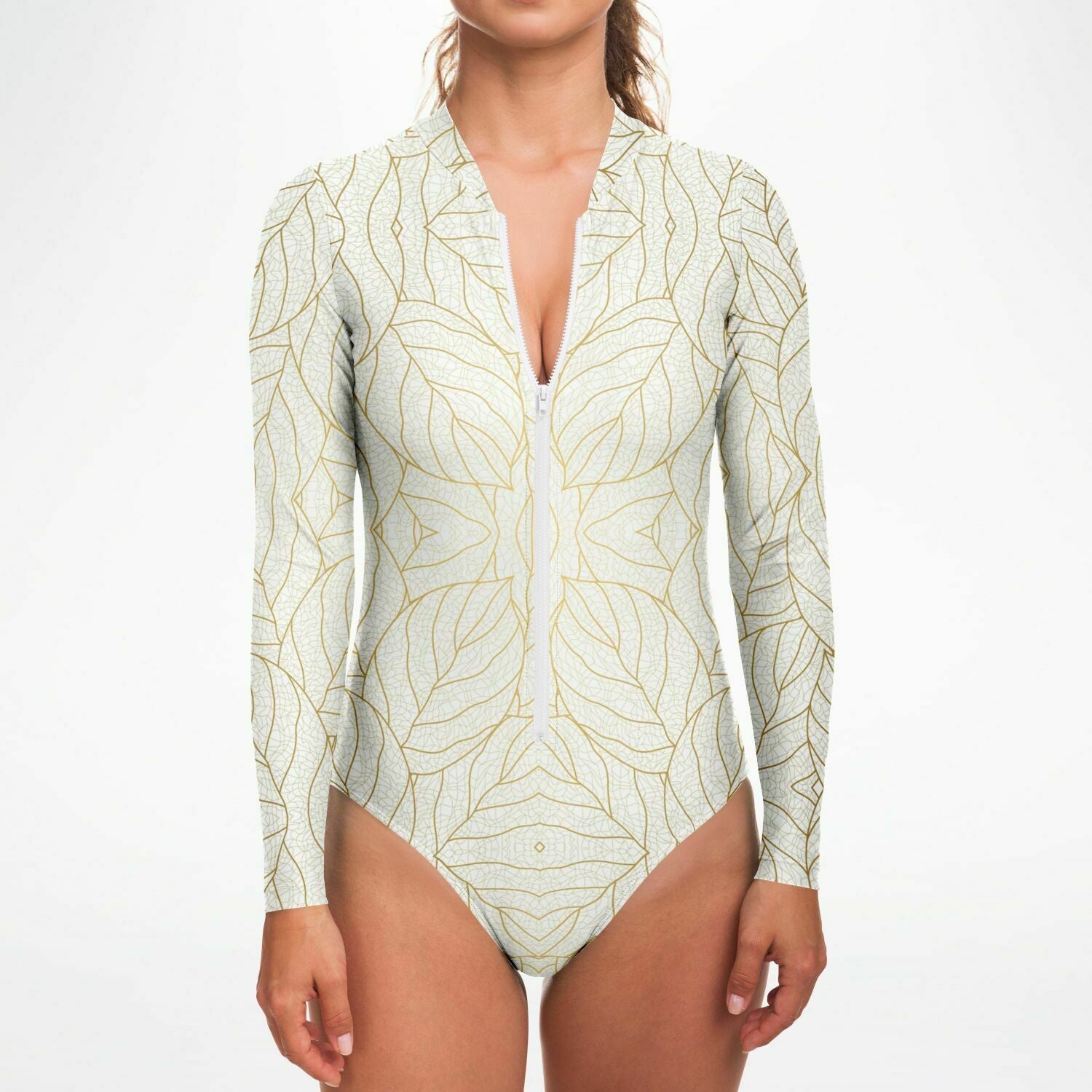 Abstract Gold Leaves Long Sleeve Bodysuit-Subliminator-XS-Urbanheer