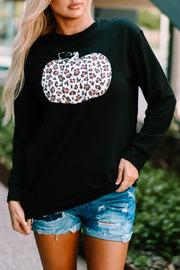 Halloween Animal Print Pumpkin Graphic Black Sweatshirt-UHXC-Black-(US 4-6)S-Urbanheer