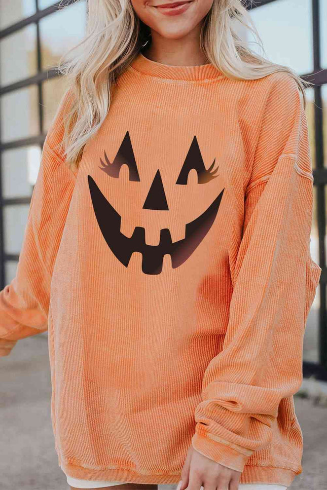 Round Neck Dropped Shoulder Jack-O'-Lantern Graphic Sweatshirt-UHX-Pumpkin-S-Urbanheer