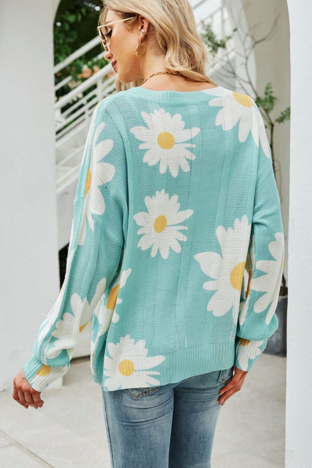 Daisy Print Openwork Round Neck Sweater-Street 360-Green-S-Urbanheer