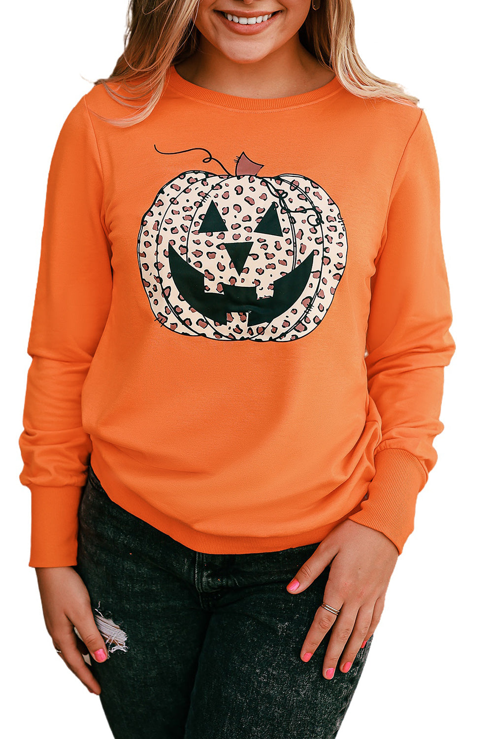 Orange Halloween Leopard Pumpkin Face Sweatshirt-UHXC-Orange-(US 4-6)S-Urbanheer