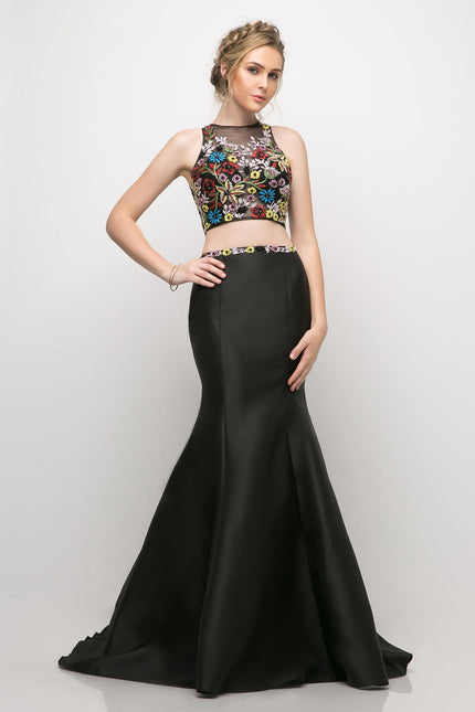 Two Piece Mermaid Dress With Beaded Floral Detail-Night Out-Tux-USA-4-Black-Urbanheer