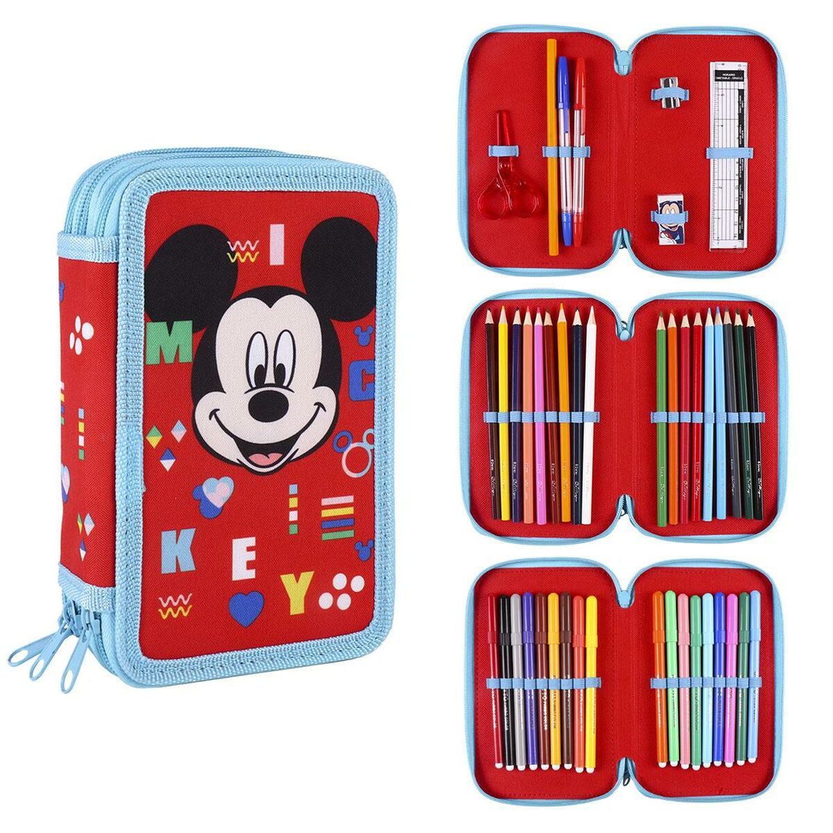 Triple Pencil Case Mickey Mouse 43 Pieces Red (12 x 19,5 x 6,5 cm)