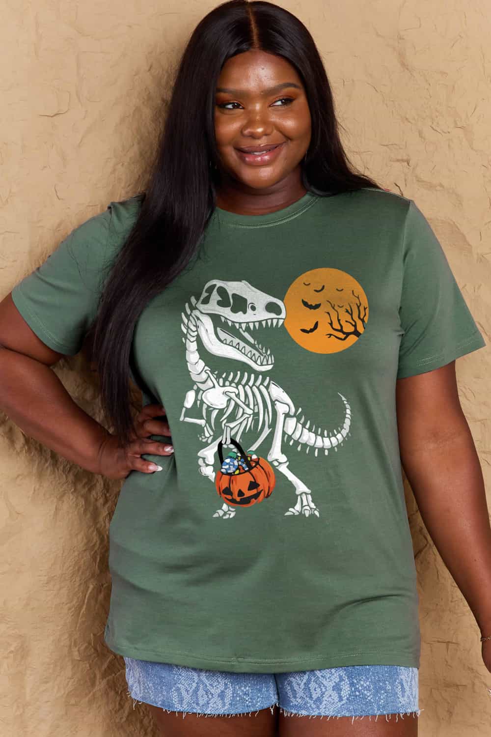 Simply Love Full Size Dinosaur Skeleton Graphic Cotton T-Shirt-Street 360-Black-S-Urbanheer