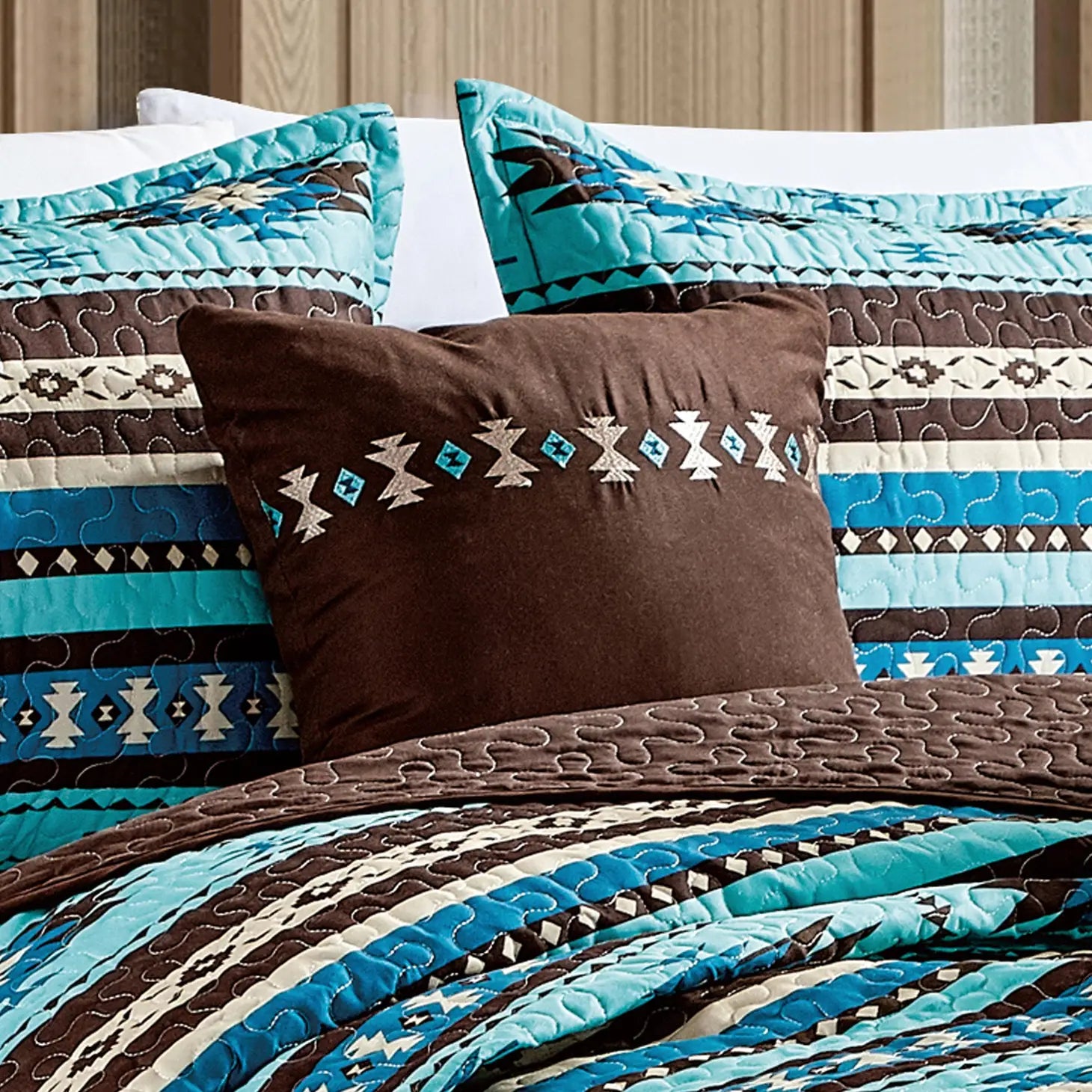 Southwestern Turquoise Tan Aztec Coverlet - 5 Piece Set-Linen Mart-Queen-Urbanheer