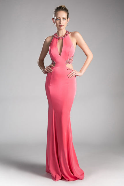 Fitted Stretch Jersey Gown With Halter Neckline And Cut Outs-Night Out-Tux-USA-2-Coral-Urbanheer