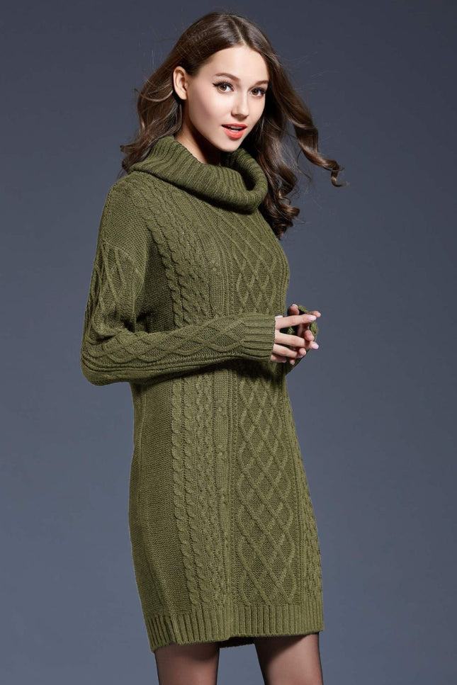Full Size Mixed Knit Cowl Neck Dropped Shoulder Sweater Dress-Collab-Urbanheer