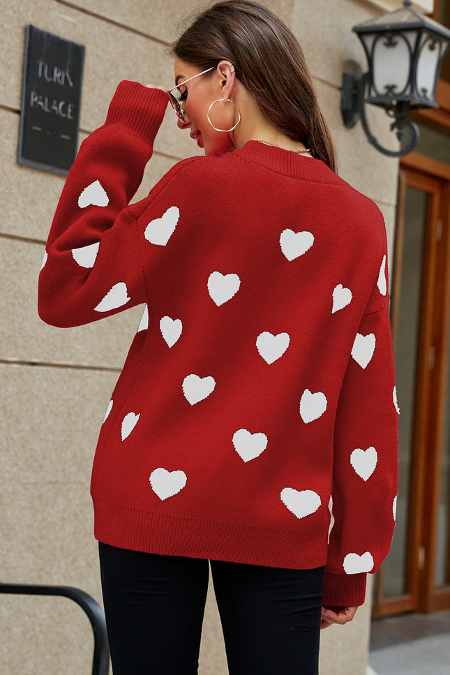 Heart Pattern Ribbed Trim Knit Sweater-Stay Warm in Style-Urbanheer