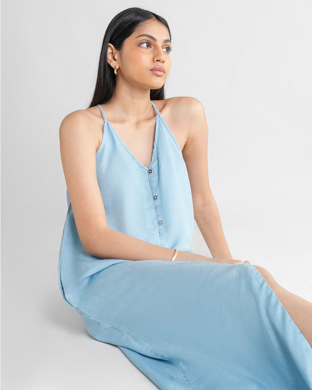 In the Mood for Love Denim Maxi Dress-DRESSES-Reistor-Ocean Blue-XS-Urbanheer