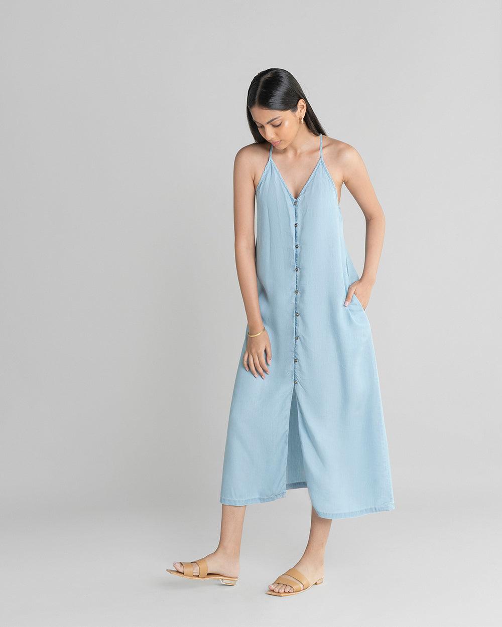 In the Mood for Love Denim Maxi Dress-DRESSES-Reistor-Ocean Blue-XS-Urbanheer