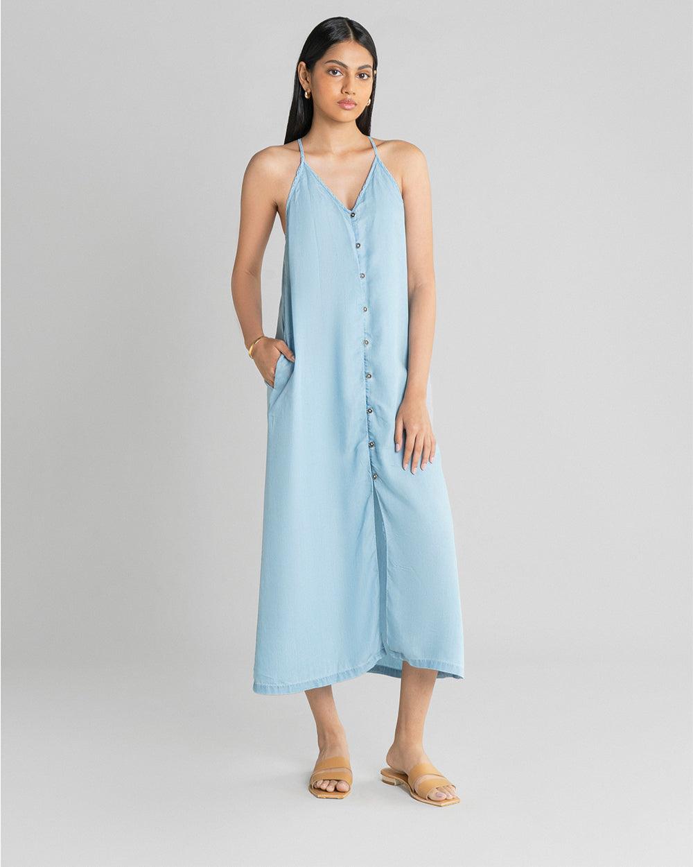 In the Mood for Love Denim Maxi Dress-DRESSES-Reistor-Ocean Blue-XS-Urbanheer