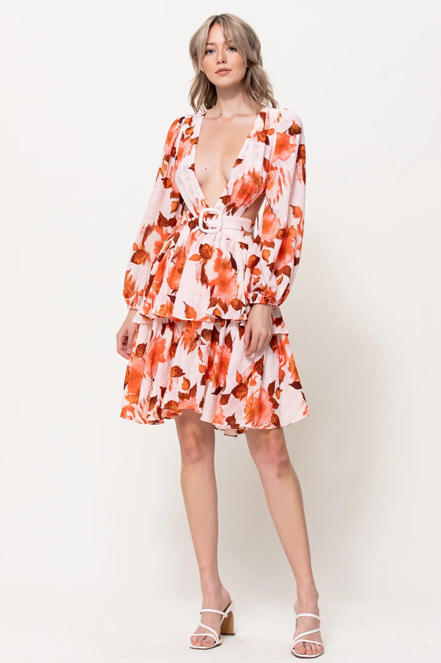 Front Buckle Detail Cut Out Mini Dress-Neon Blush-S-Orange-Urbanheer